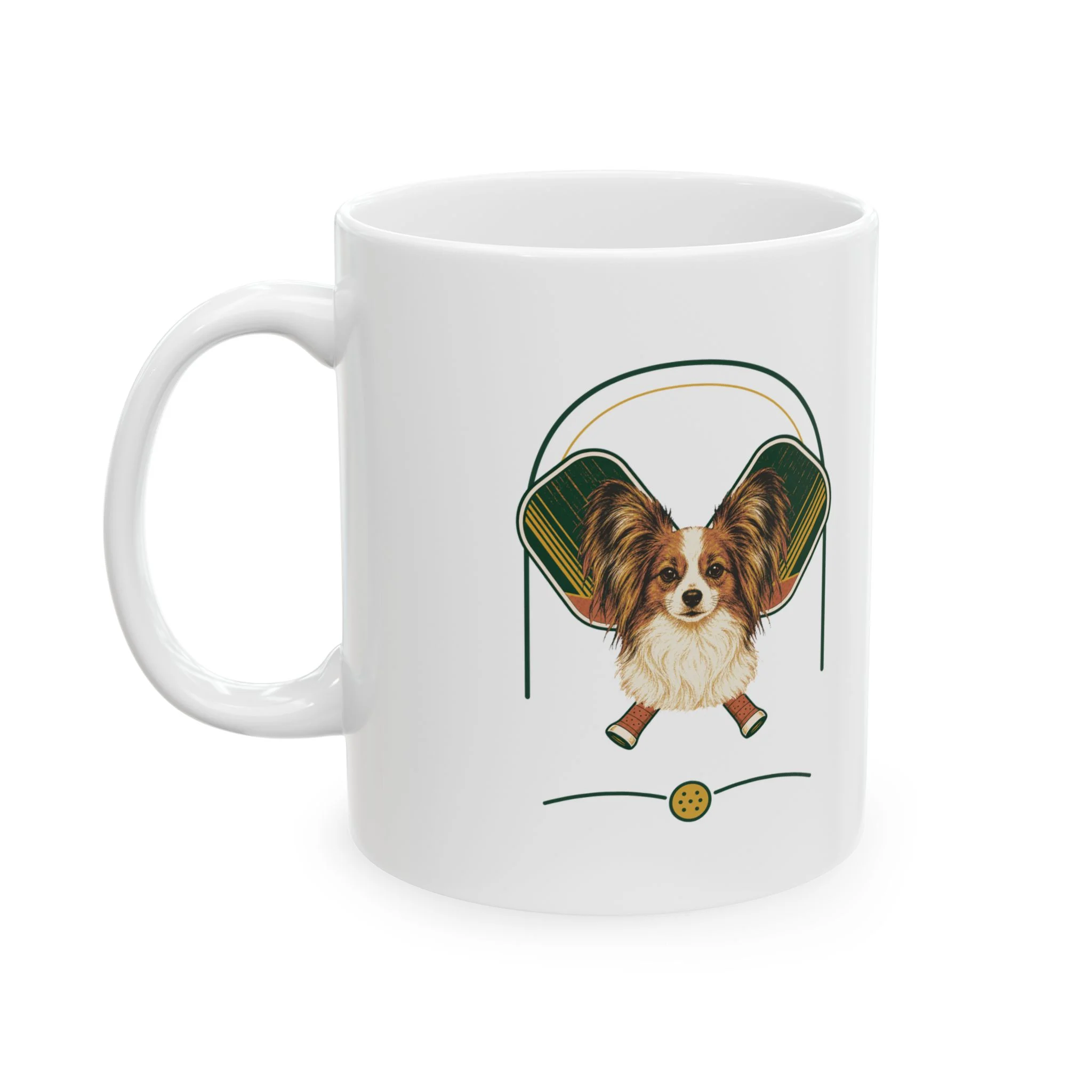 Papillon pickleball heritage crest on an 11 oz ceramic mug