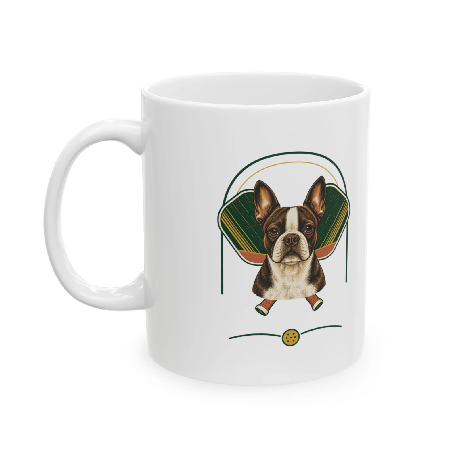 Boston Terrier pickleball heritage crest on an 11 oz ceramic mug
