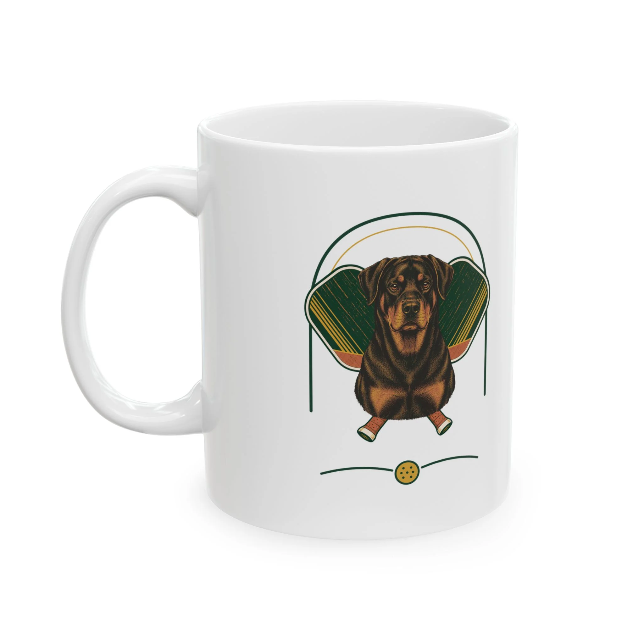 Rottweiler pickleball heritage crest on an 11 oz ceramic mug