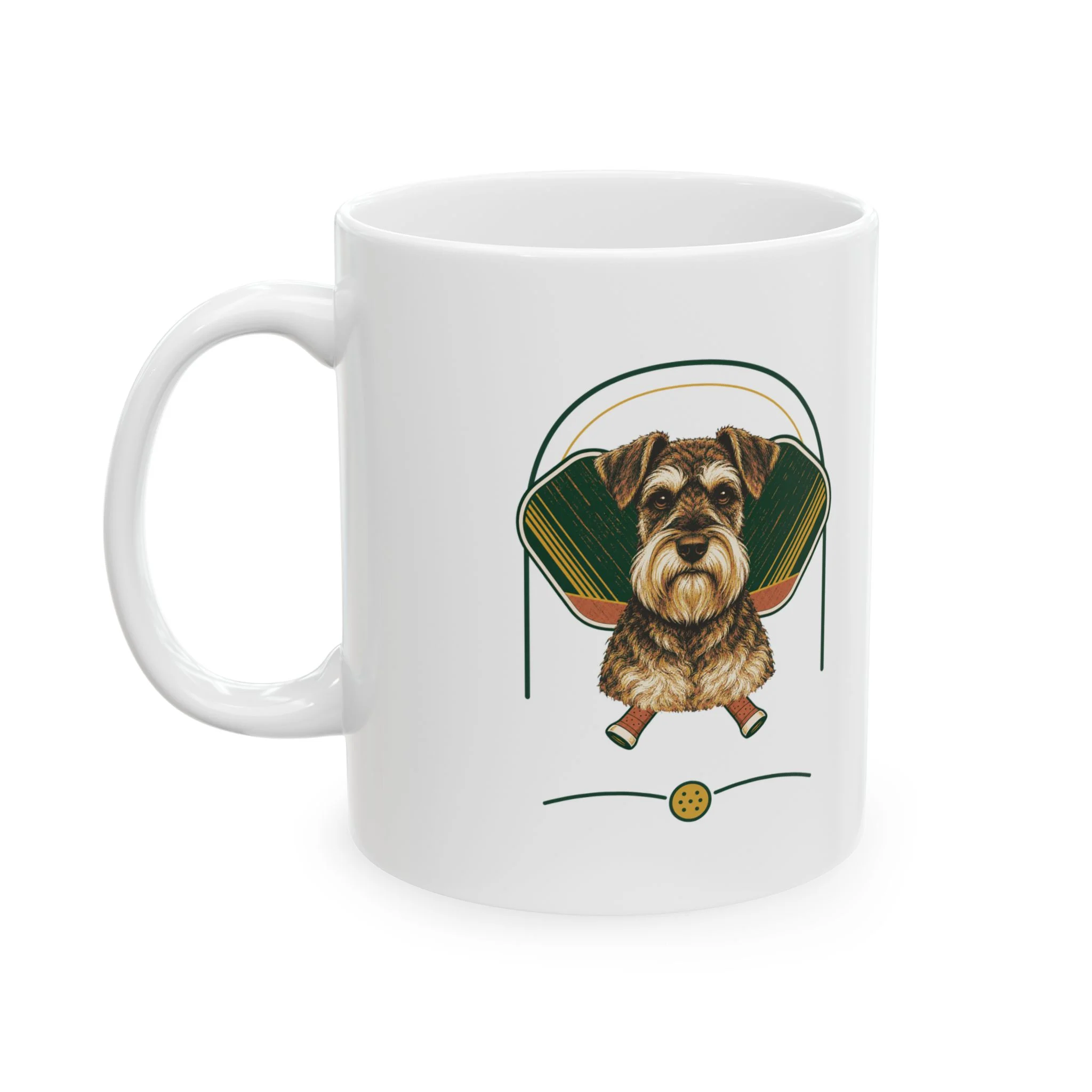 Miniature Schnauzer pickleball heritage crest on an 11 oz ceramic mug