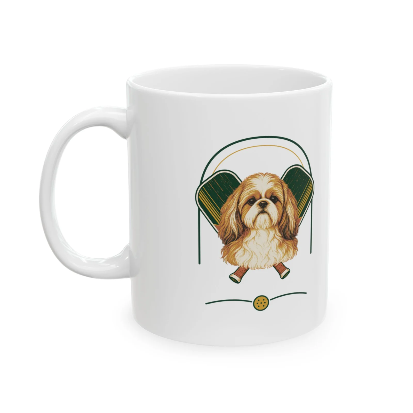 Shih Tzu pickleball heritage crest on an 11 oz ceramic mug