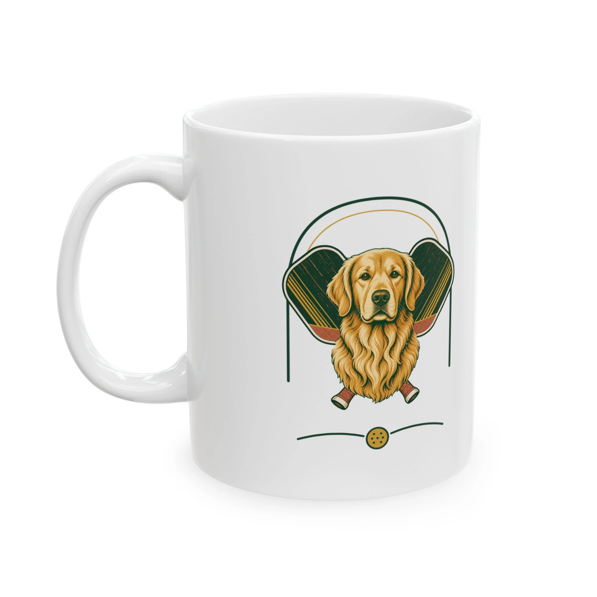 Golden Retriever pickleball heritage crest on an 11 oz ceramic mug