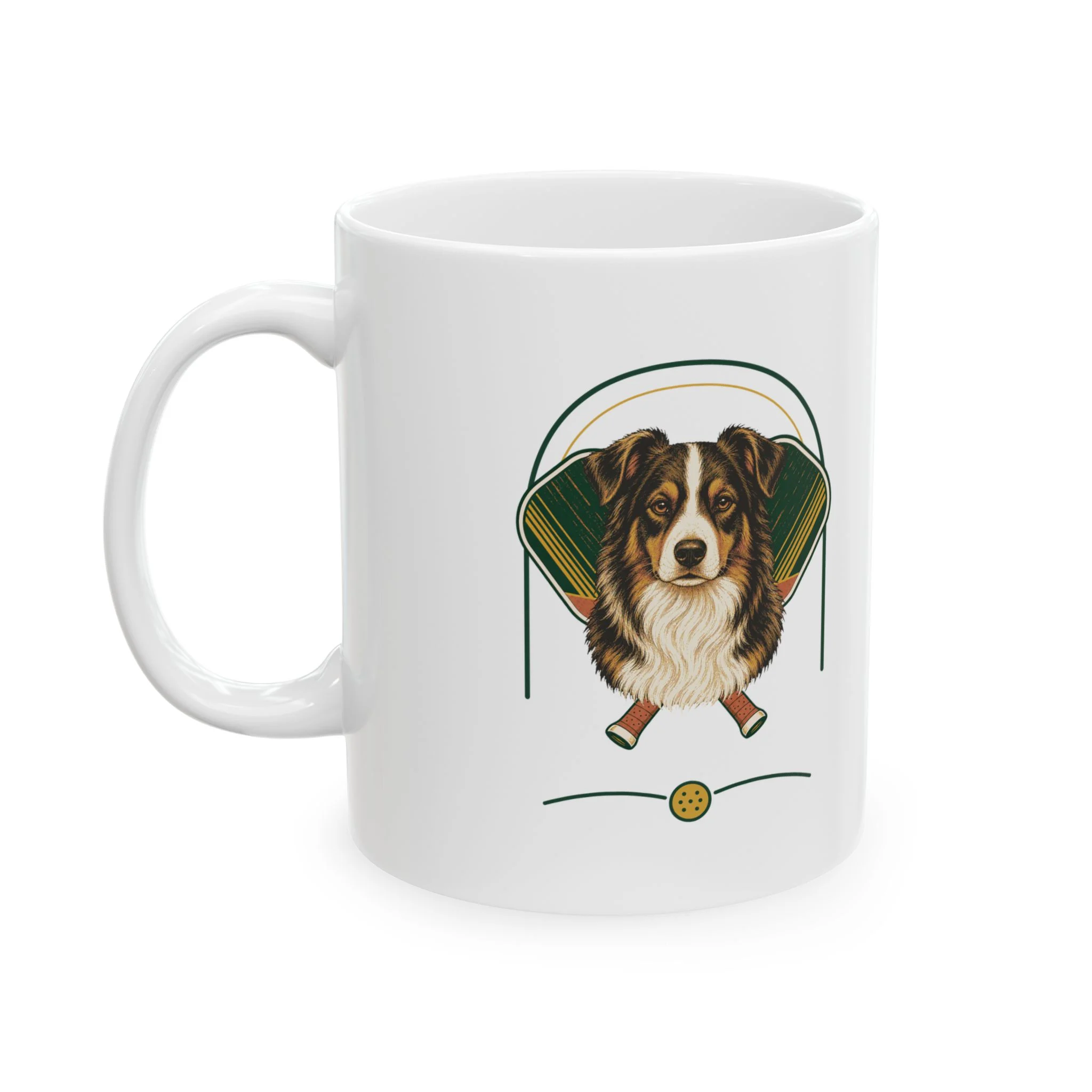 Miniature American Shepherd pickleball heritage crest on an 11 oz ceramic mug