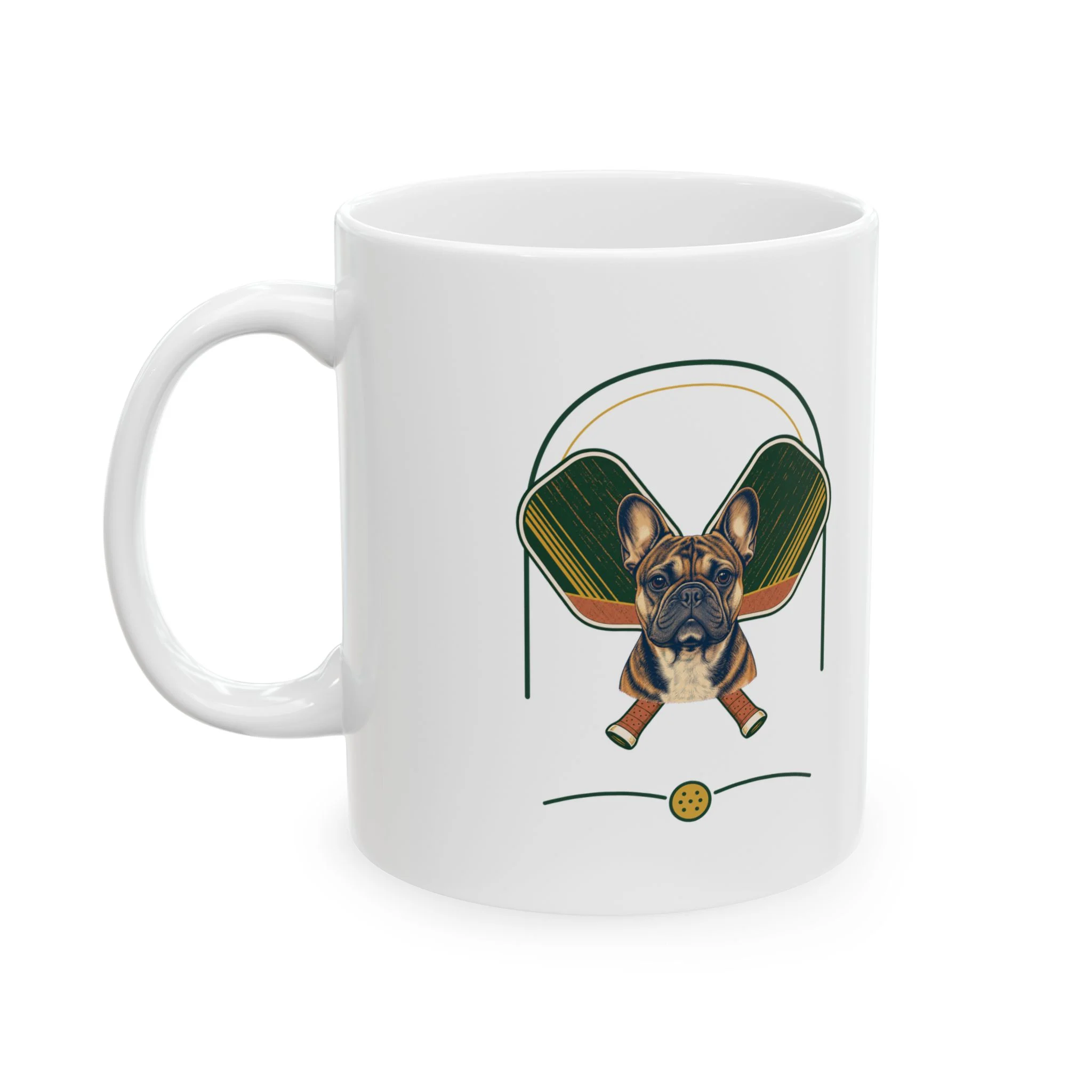 French Bulldog pickleball heritage crest on an 11 oz ceramic mug