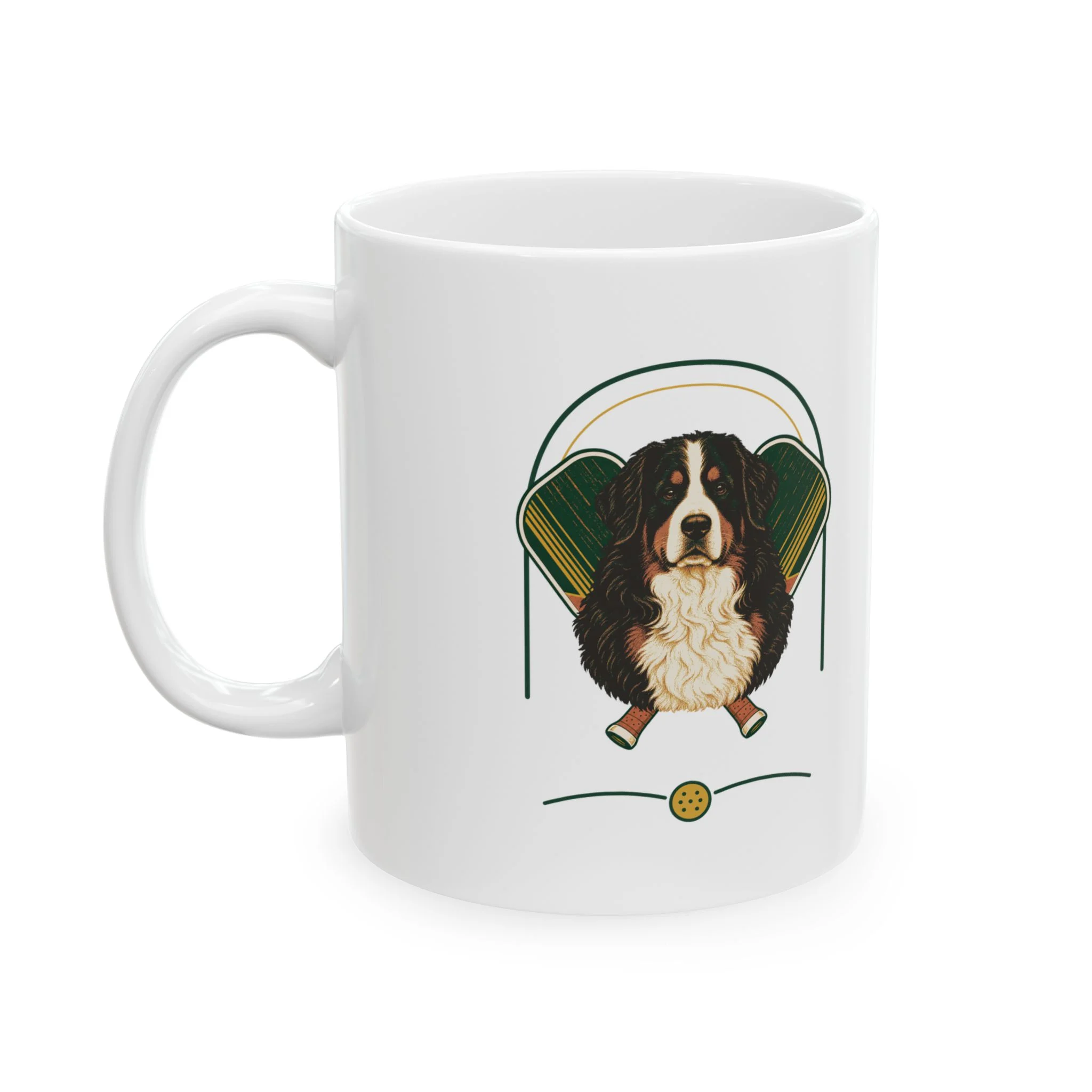 Bernese Mountain Dog pickleball heritage crest on an 11 oz ceramic mug