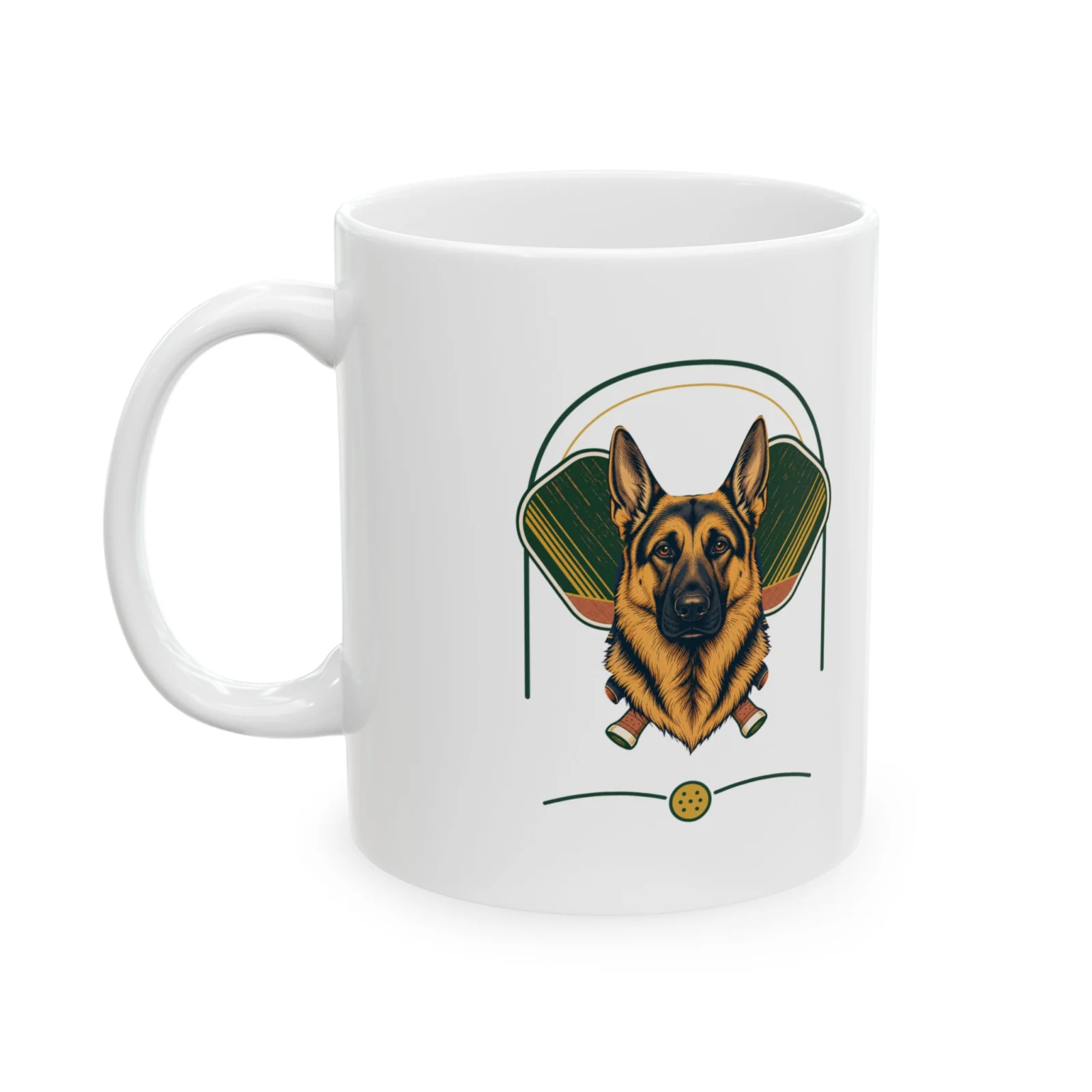 German Shepherd pickleball heritage crest on an 11 oz ceramic mug
