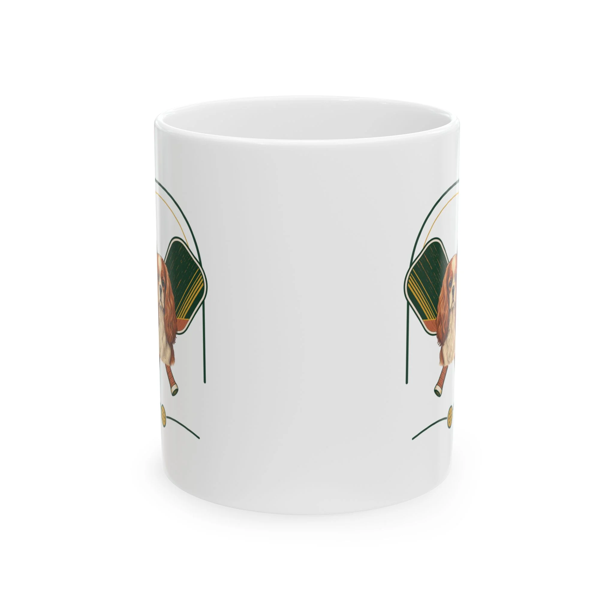 Cavalier King Charles Spaniel pickleball heritage crest on an 11 oz ceramic mug