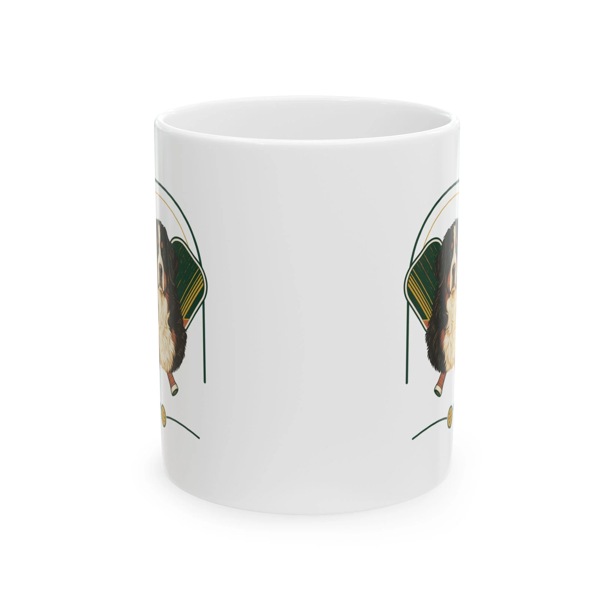 Bernese Mountain Dog pickleball heritage crest on an 11 oz ceramic mug