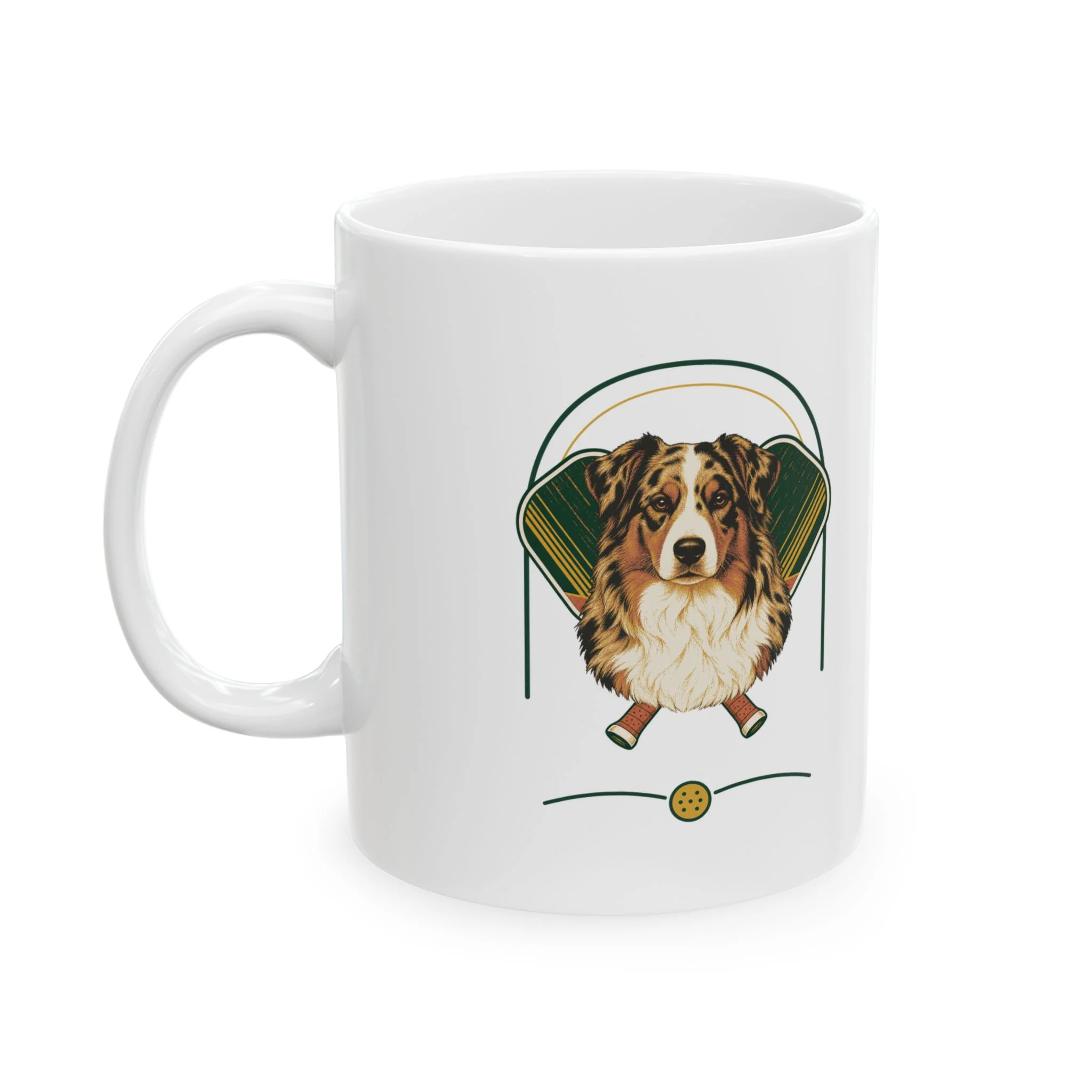 Australian Shepherd pickleball heritage crest on an 11 oz ceramic mug