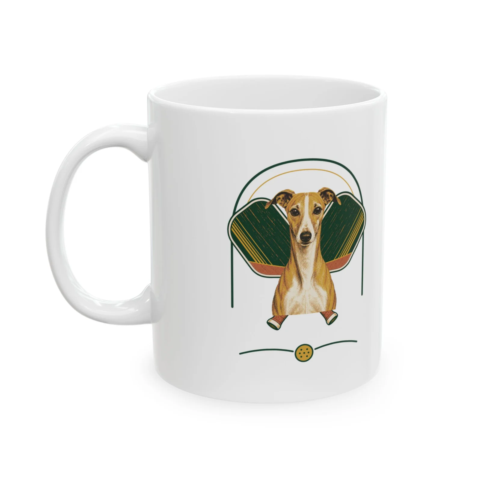 Whippet pickleball heritage crest on an 11 oz ceramic mug