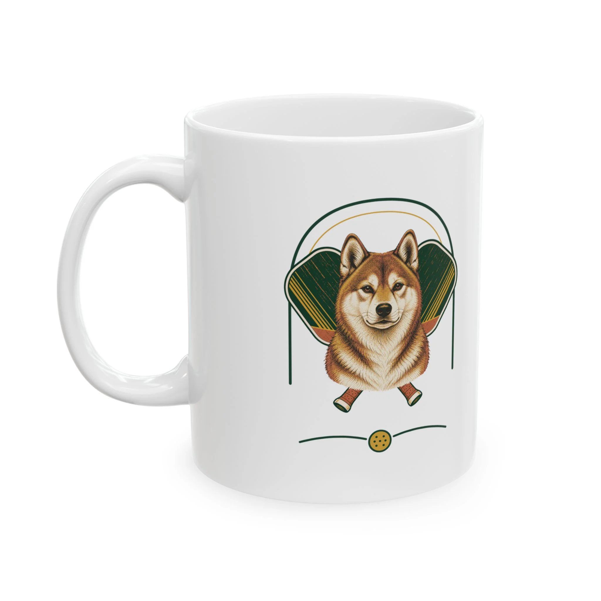 Shiba Inu pickleball heritage crest on an 11 oz ceramic mug