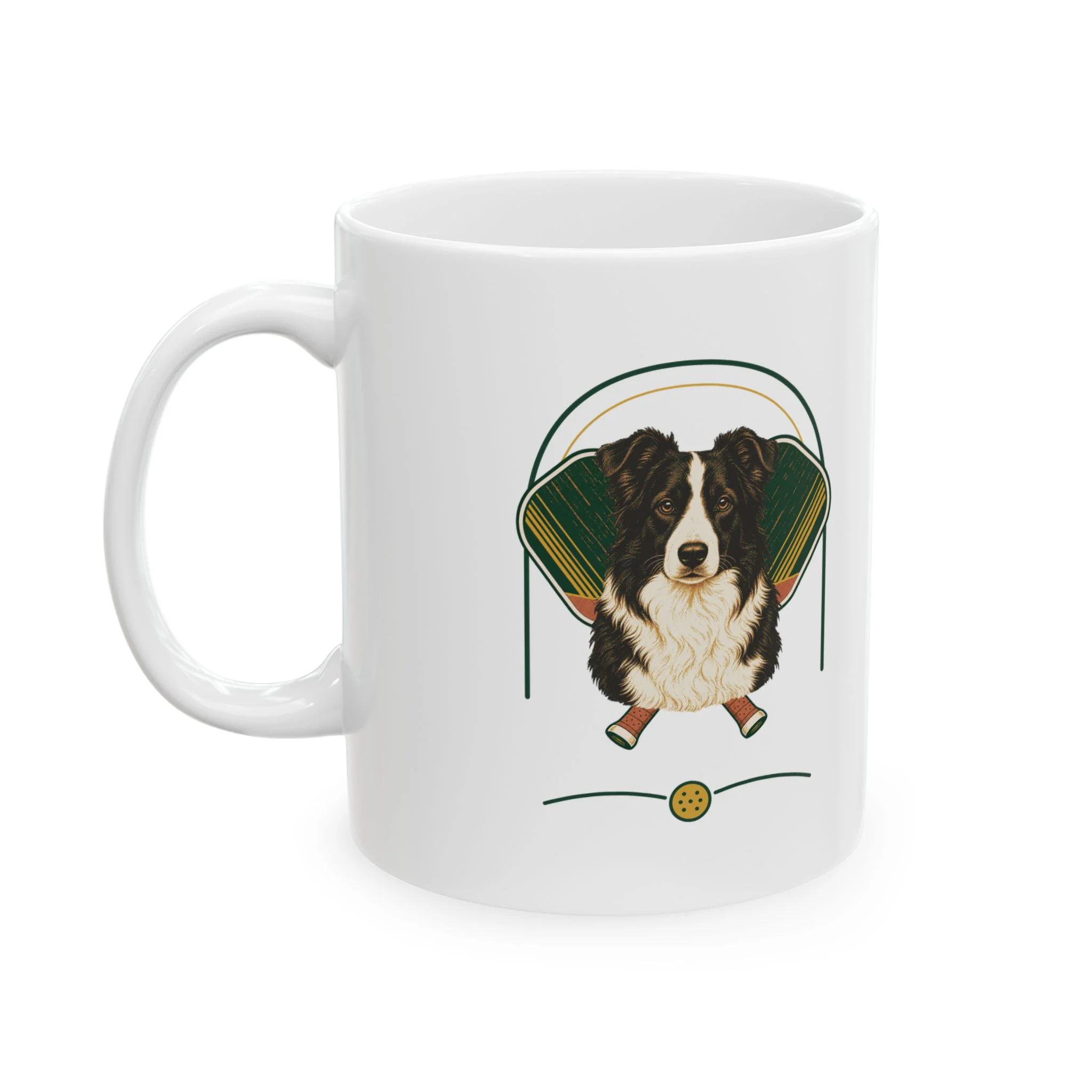 Border Collie pickleball heritage crest on an 11 oz ceramic mug
