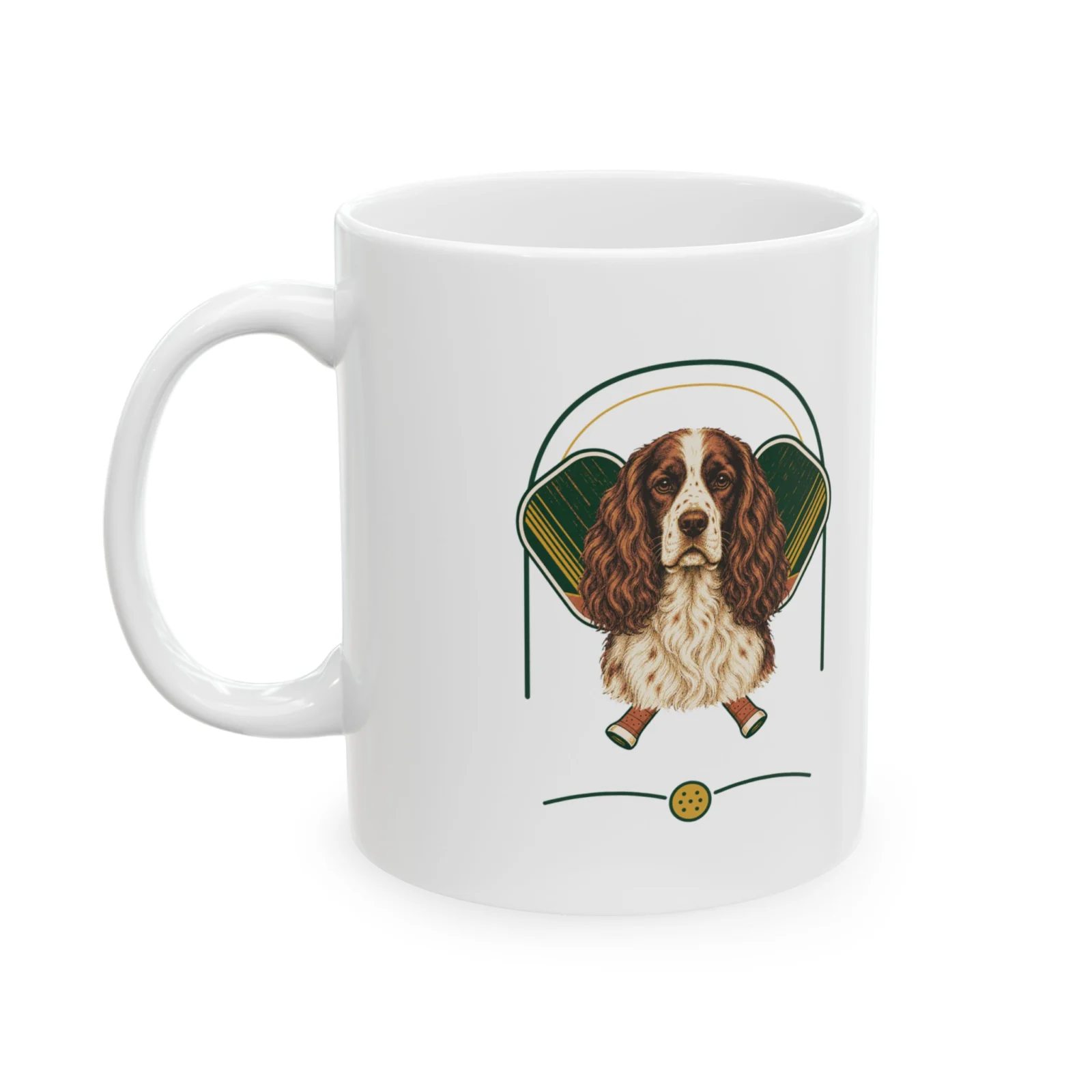 English Springer Spaniel pickleball heritage crest on an 11 oz ceramic mug