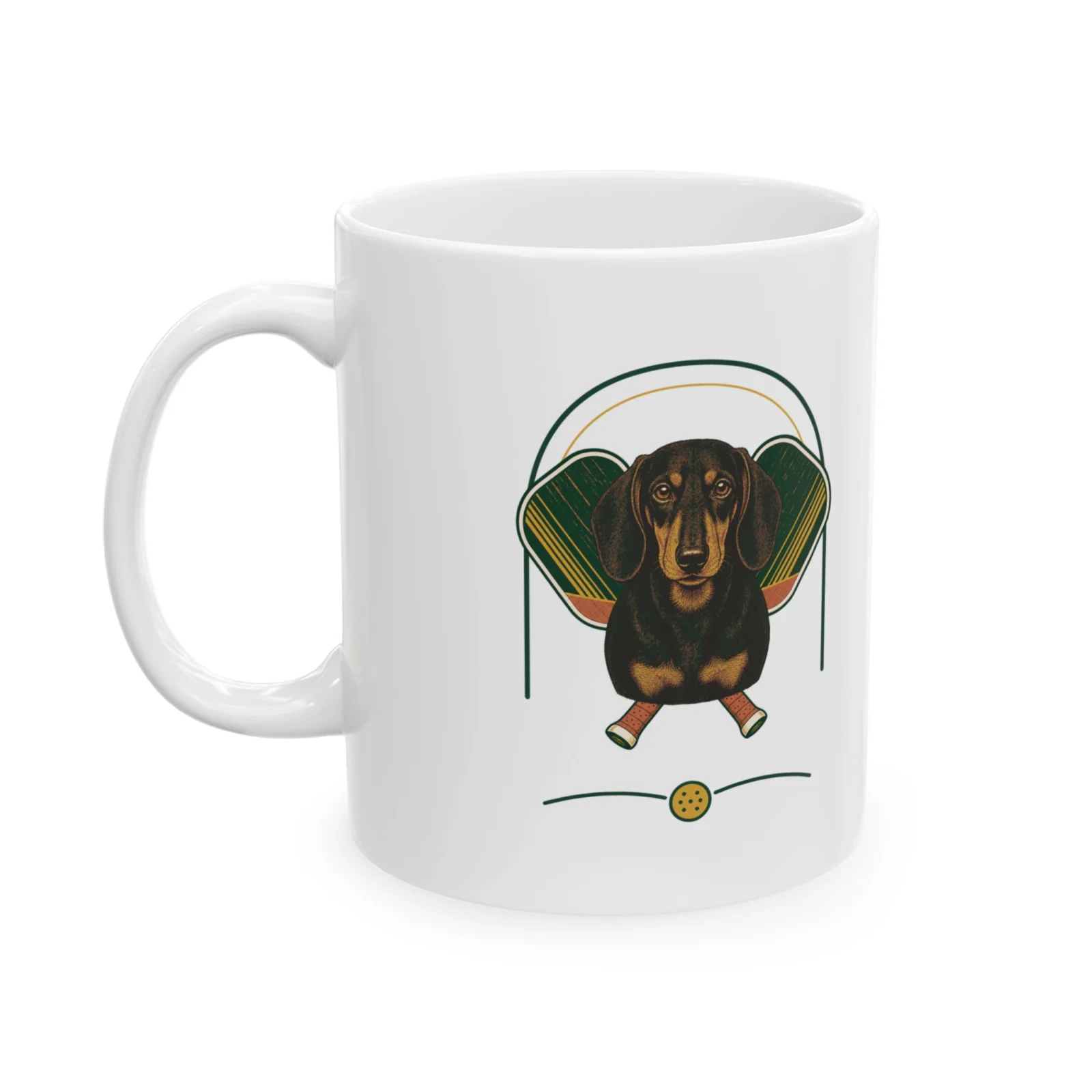 Dachshund pickleball heritage crest on an 11 oz ceramic mug