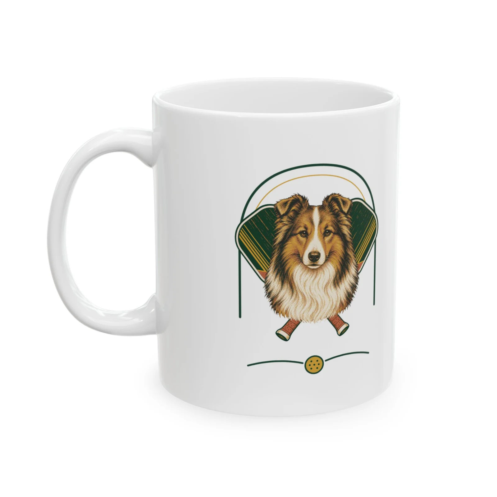 Shetland Sheepdog pickleball heritage crest on an 11 oz ceramic mug