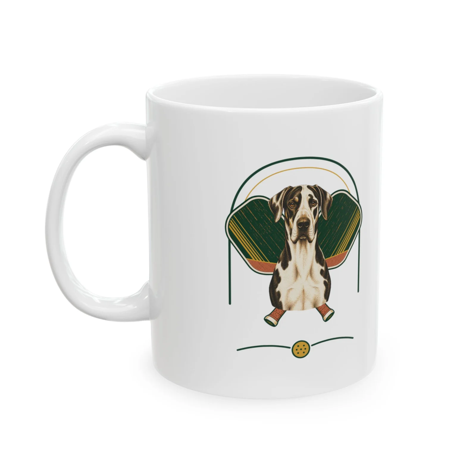 Great Dane pickleball heritage crest on an 11 oz ceramic mug